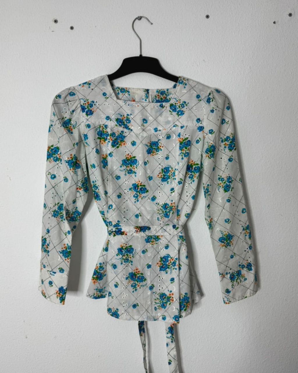 vintage langarm longsleeve sommer bluse top gürtel blumen muster print retro 80s 70s