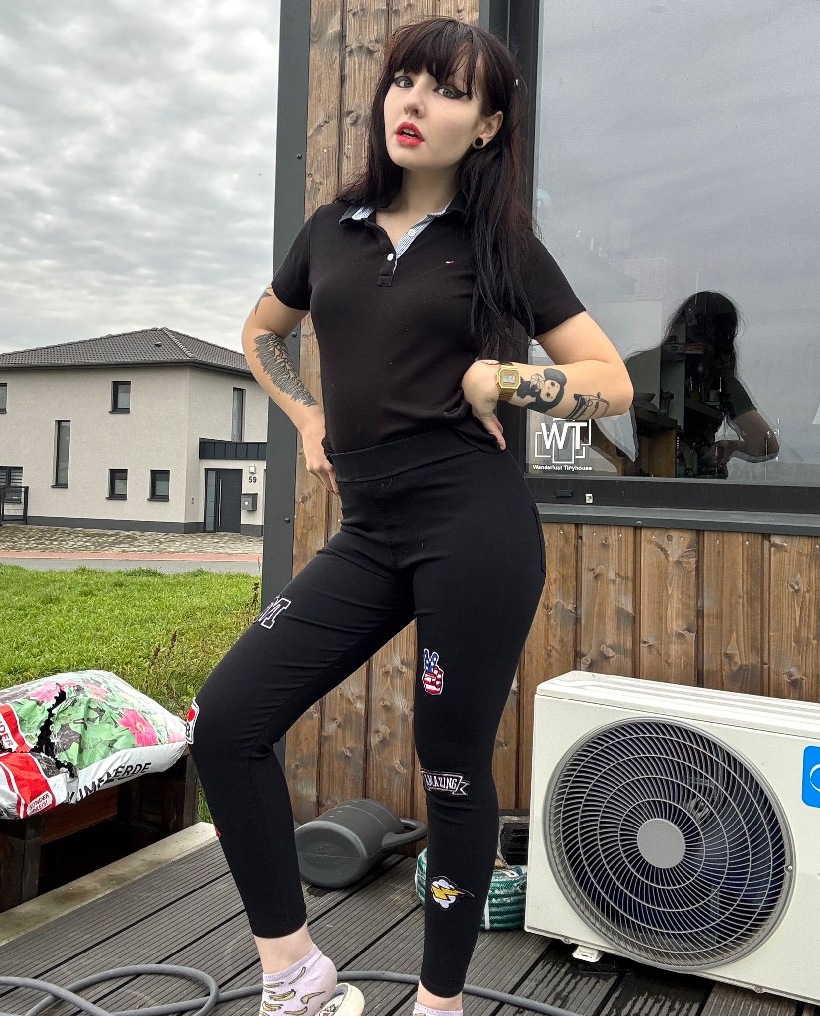 mid waist rise jeans look leggings sport jeggings patches stickereien basic 90s