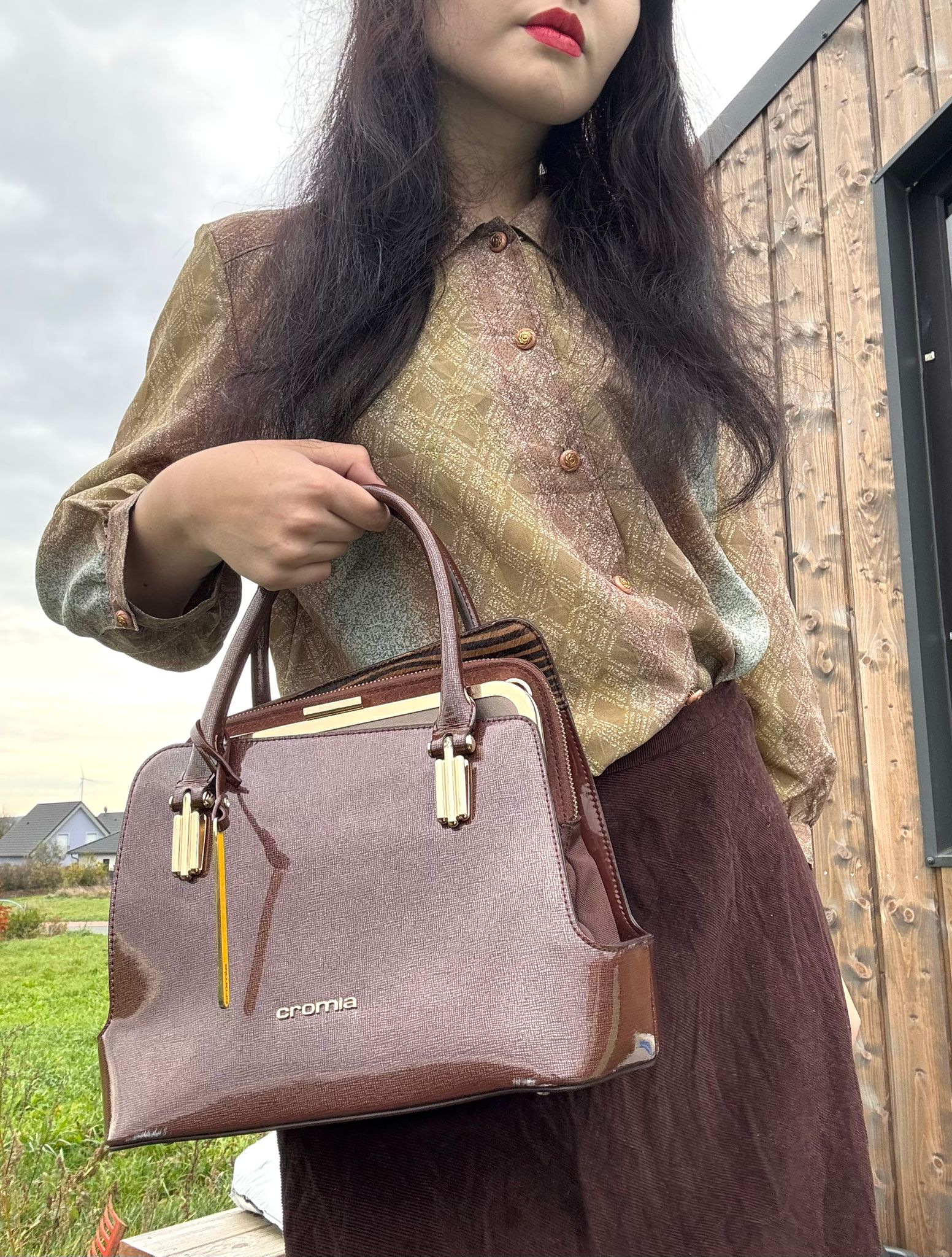 cromia kunstleder lackleder handtasche hand tasche bag kunst leder fächer klein