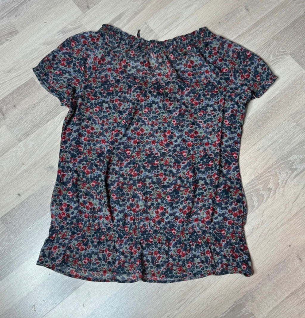 stretchy kurzarm tunika bluse shirt blumen motiv print sommer leicht durchsichtig floral rüsche