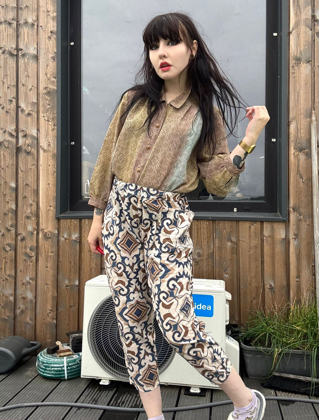 stretchy baggy pluder sommer hose luftig leicht muster print high waist pluderhose geometrisch