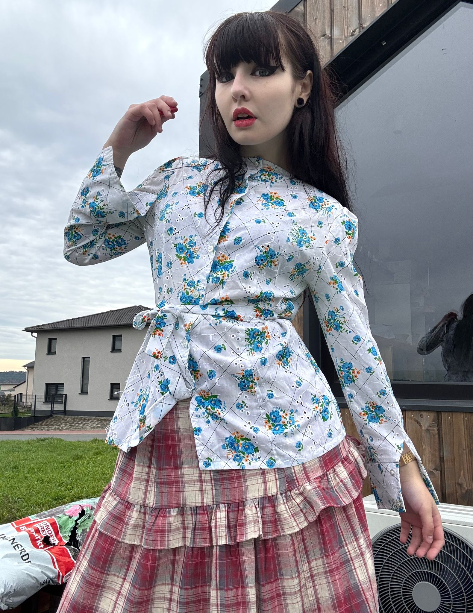 vintage langarm longsleeve sommer bluse top gürtel blumen muster print retro 80s 70s