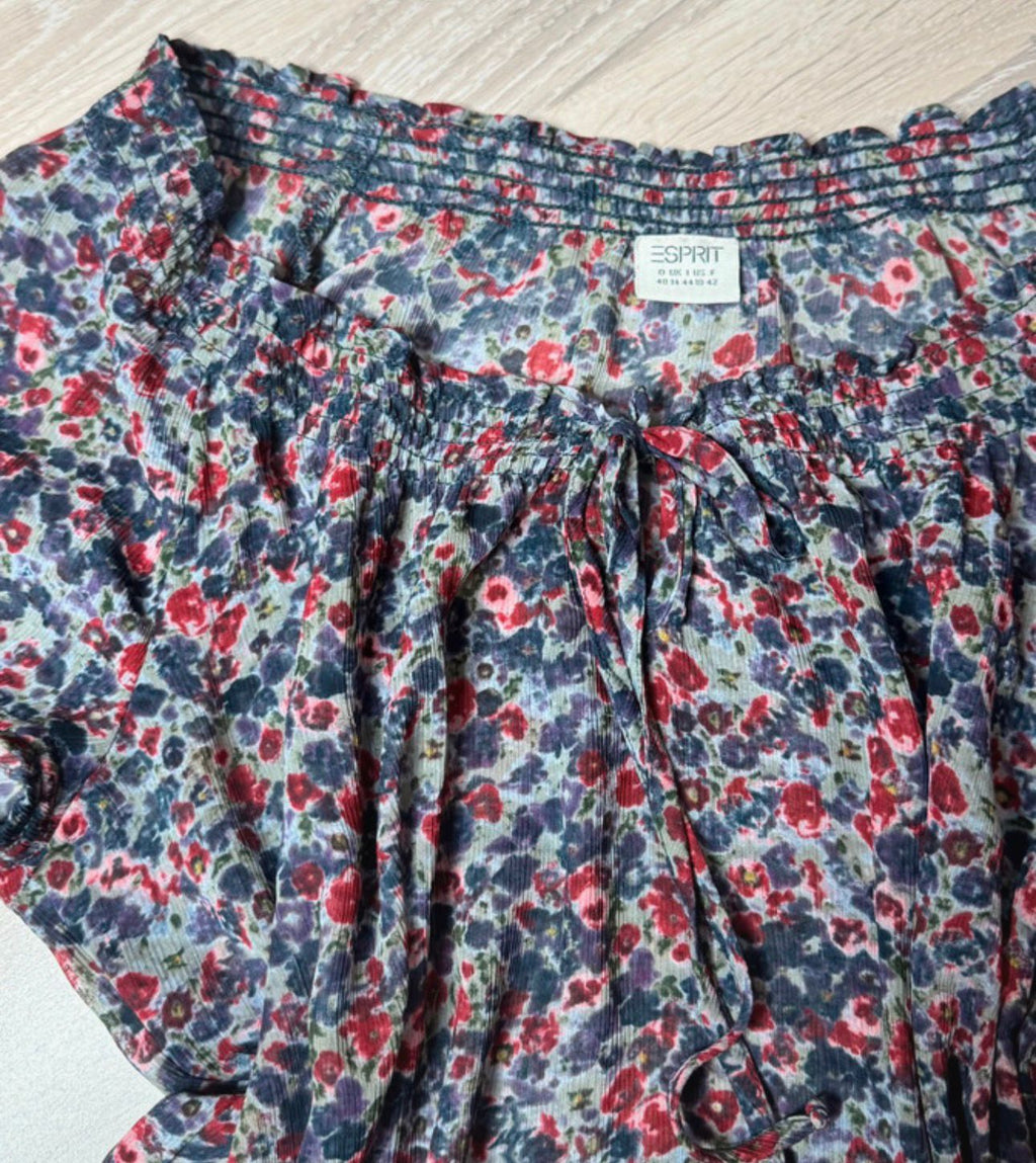 stretchy kurzarm tunika bluse shirt blumen motiv print sommer leicht durchsichtig floral rüsche