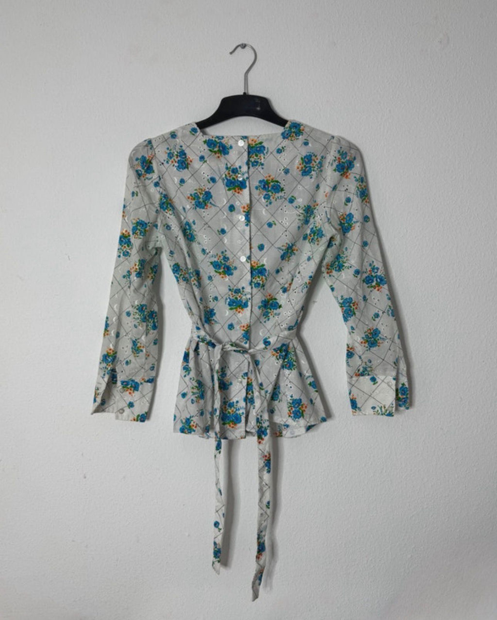 vintage langarm longsleeve sommer bluse top gürtel blumen muster print retro 80s 70s