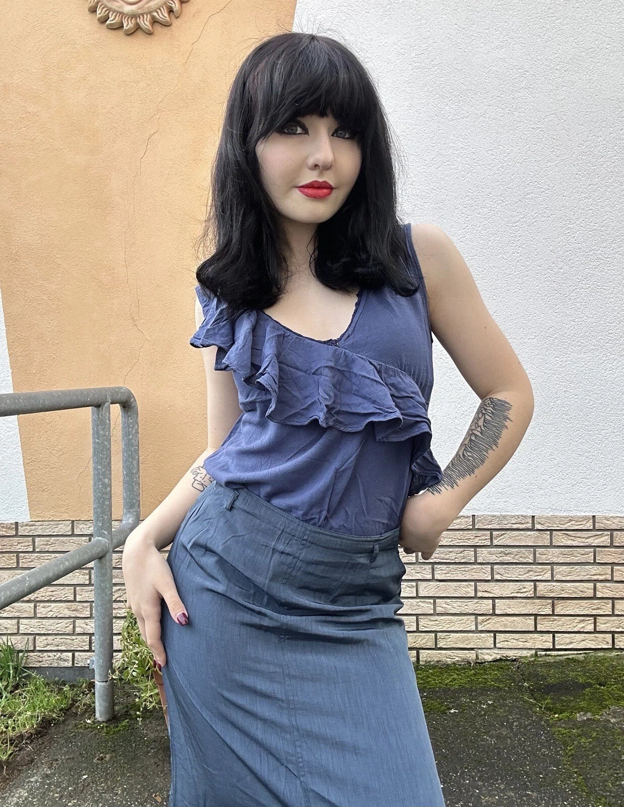 ärmellos top rüschen wasserfall v-ausschnitt sommer leicht luftig baggy