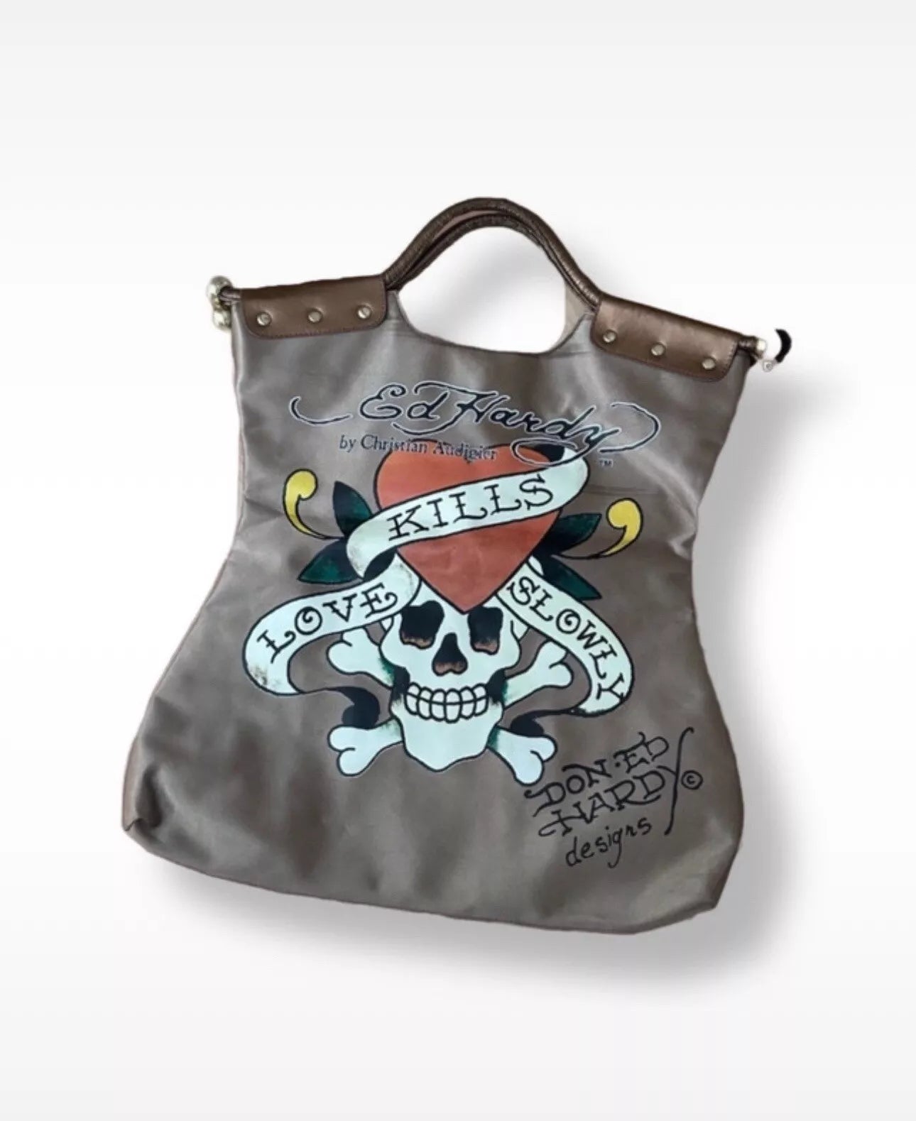 große don ed hardy skull print motiv muster kunstleder handtasche glitzer