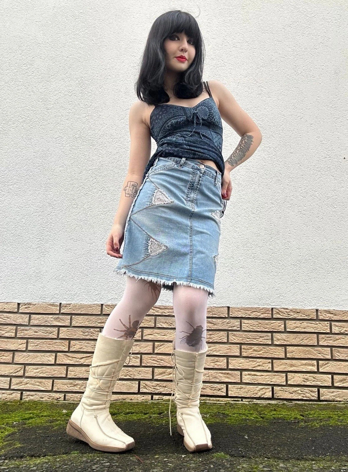 midi high waist rise jeans rock skirt details stickereien